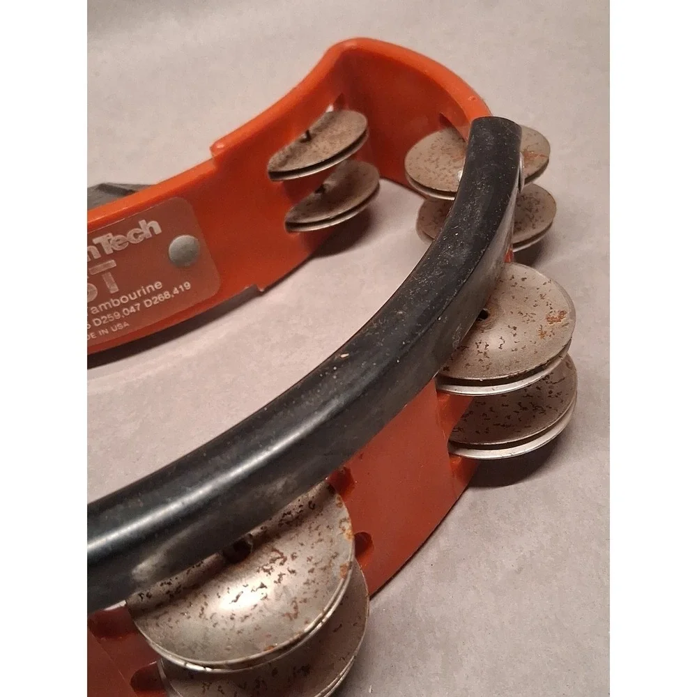 Vtg Rhythm Tech Tambourine Red Half Moon Double Row Brass Jingles